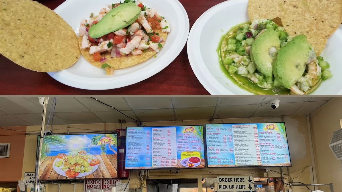 Seafood plates on a casual restaurant table.