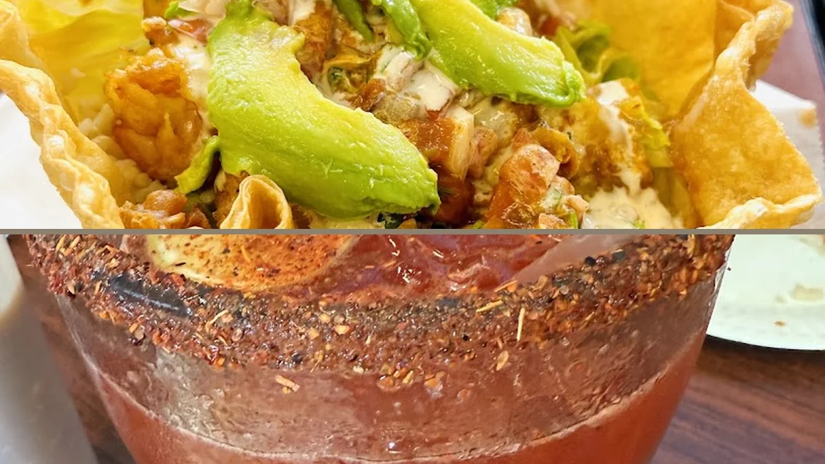 Colorful mariscos dishes with lime and salsa.