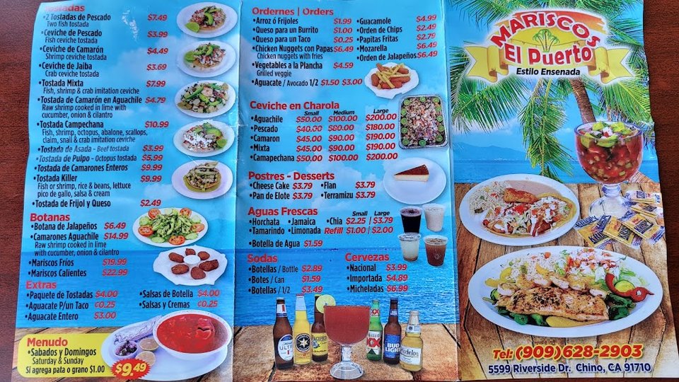 Seafood menu featuring cocktails and combinations.